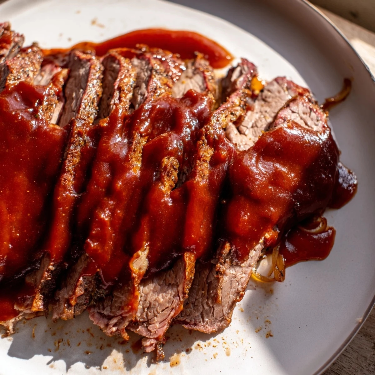 Close-up of Slow Cooked Beef Brisket with BBQ Sauce showing a glossy, sticky glaze and steam rising from the tender shredded meat.