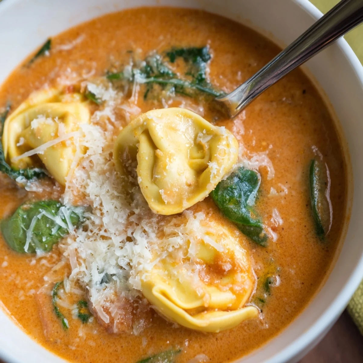 Cheese tortellini and wilted spinach swim in velvety red broth of Creamy Tomato and Tortellini Soup with Spinach.