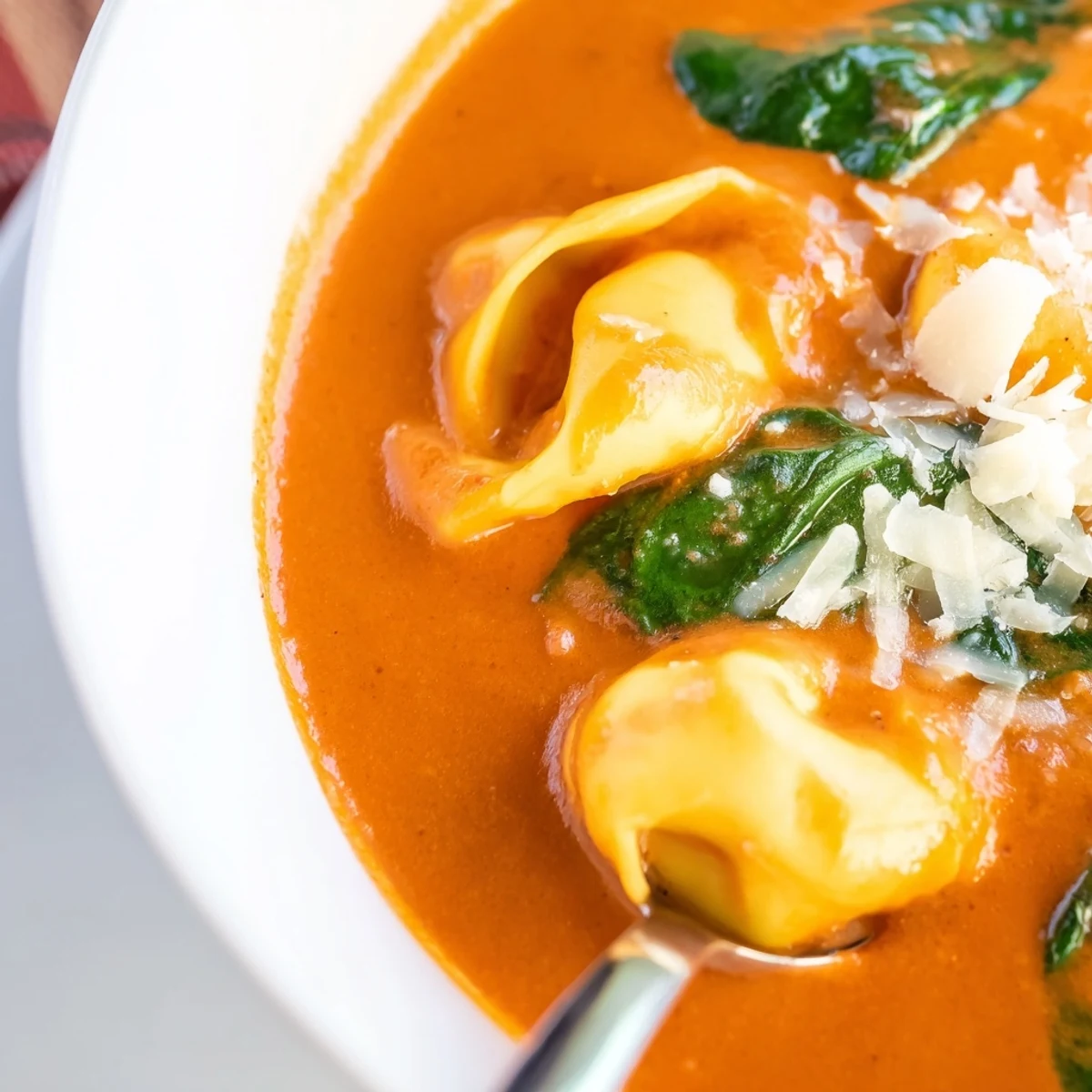 Hearty Creamy Tomato and Tortellini Soup with Spinach topped with grated Parmesan and cracked black pepper.