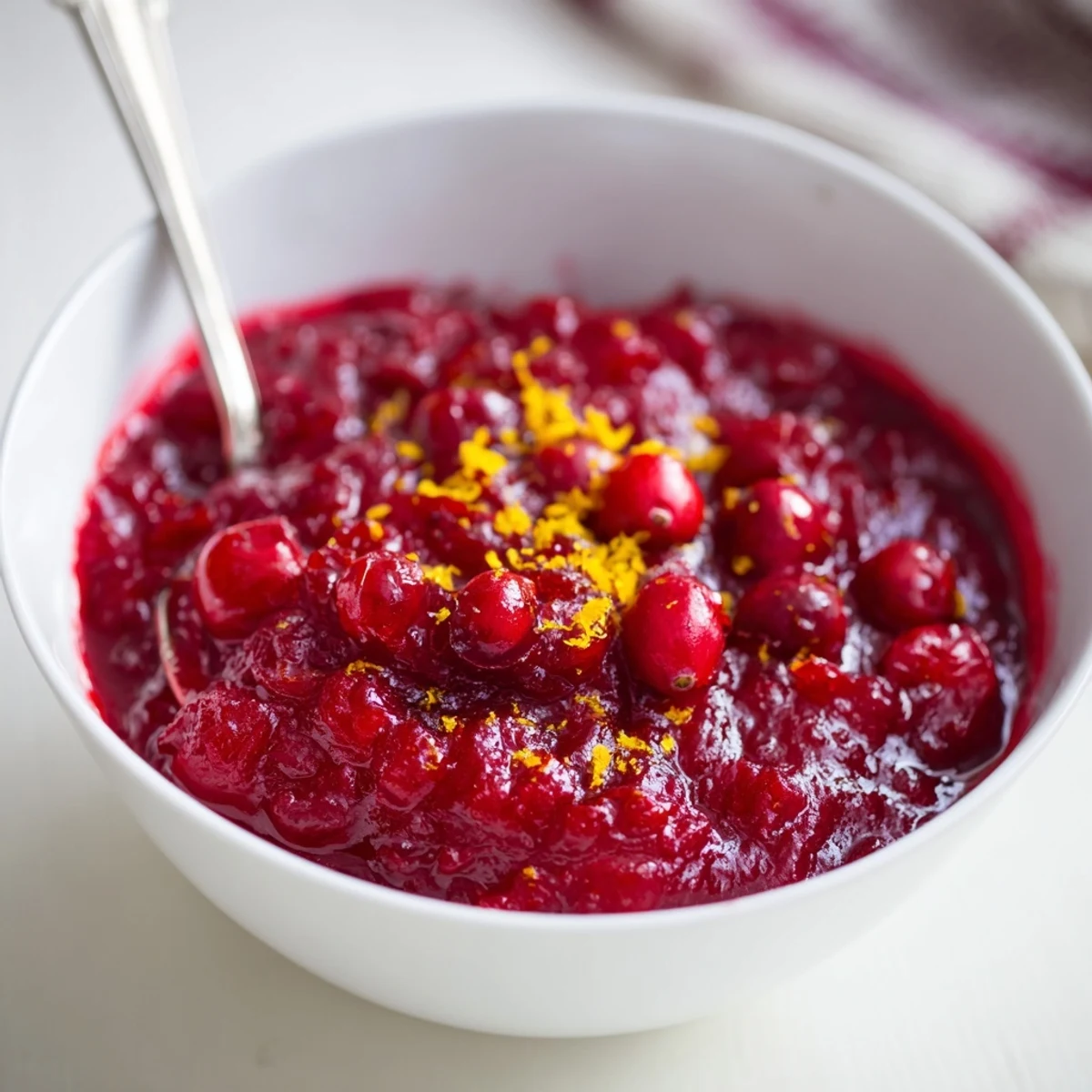 A close-up of vibrant, glossy Cranberry Sauce with a Cinnamon Stick in a white bowl.