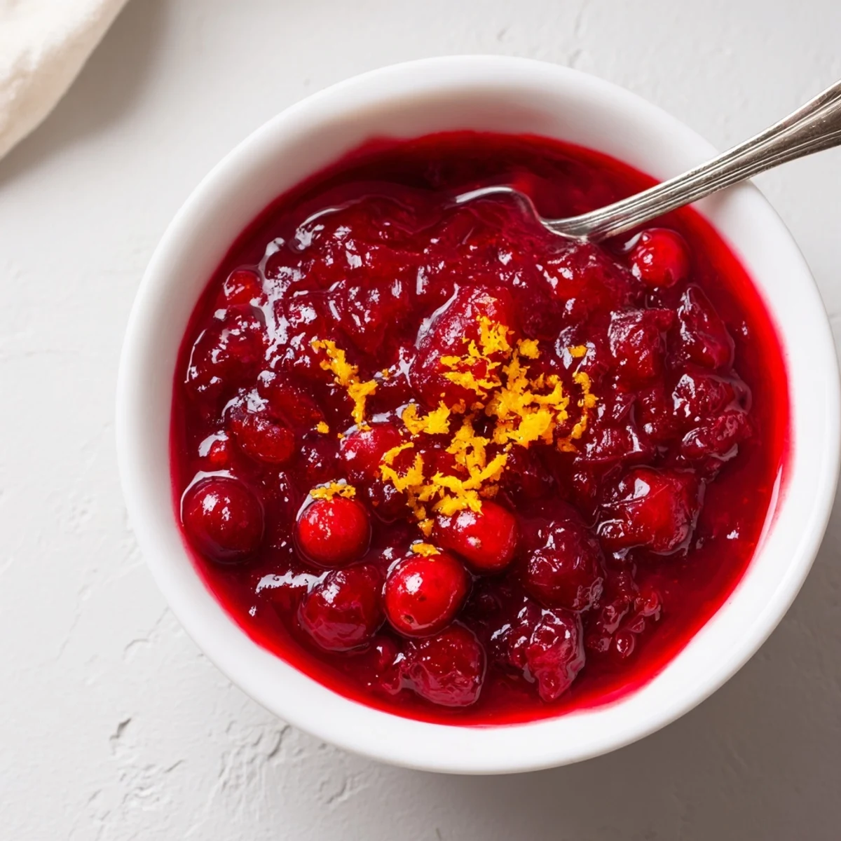 Thick, ruby-red Cranberry Sauce with a Cinnamon Stick swirled over creamy brie cheese.