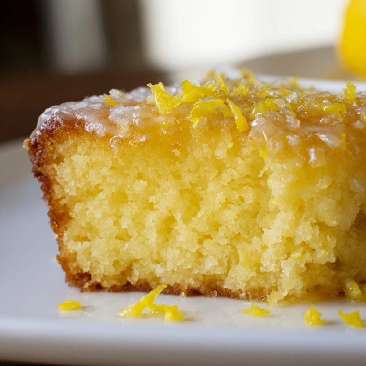 Freshly baked Lemon Drizzle Cake sits sliced on a white plate, showing a moist yellow crumb and clear glaze, topped with lemon zest.