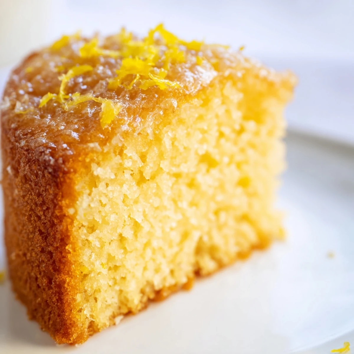 Warm Lemon Drizzle Cake loaf is being drizzled with zesty lemon syrup, highlighting the glossy topping and golden baked crust.