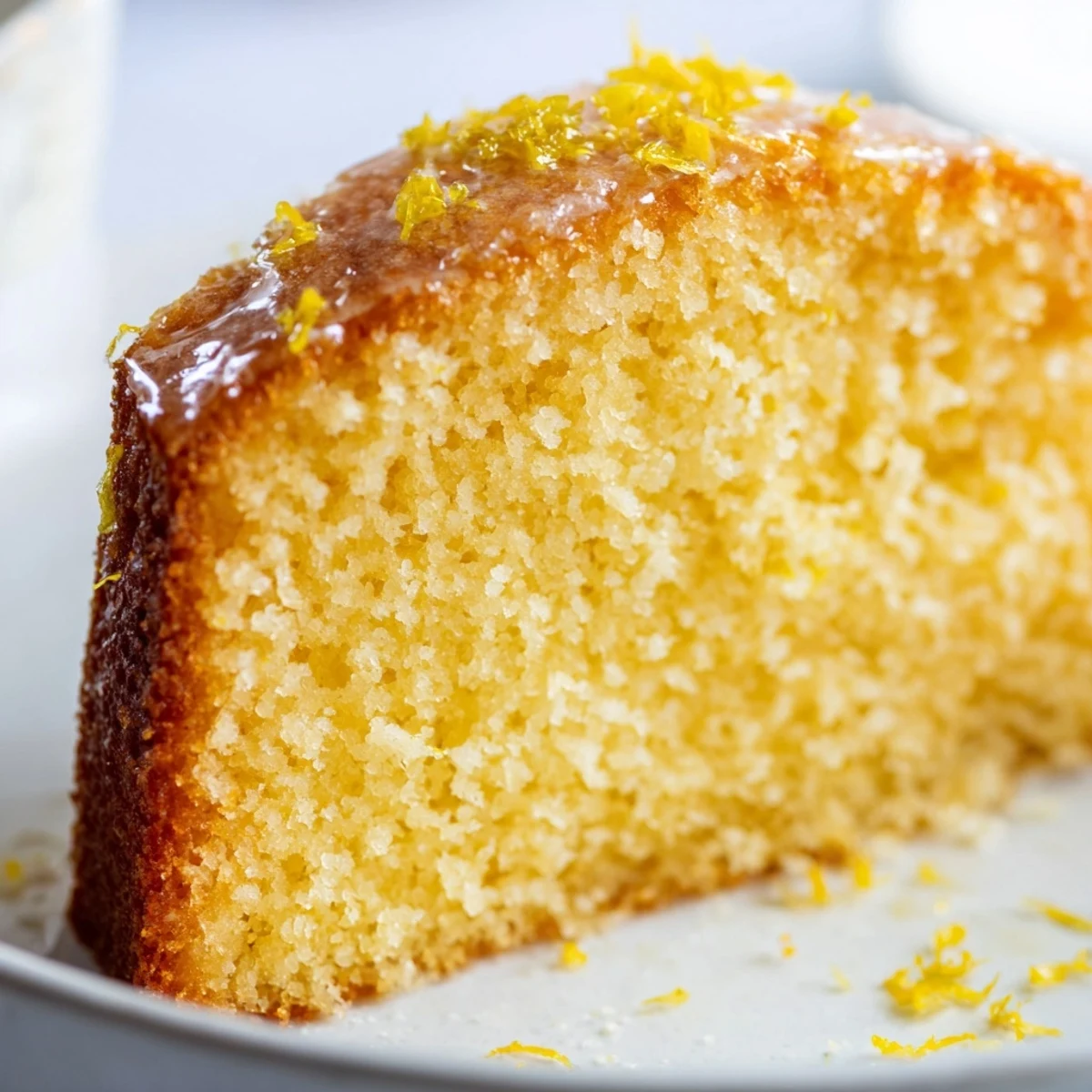 A single slice of Lemon Drizzle Cake on a dessert plate with a fork, ready to be eaten with tea or coffee.
