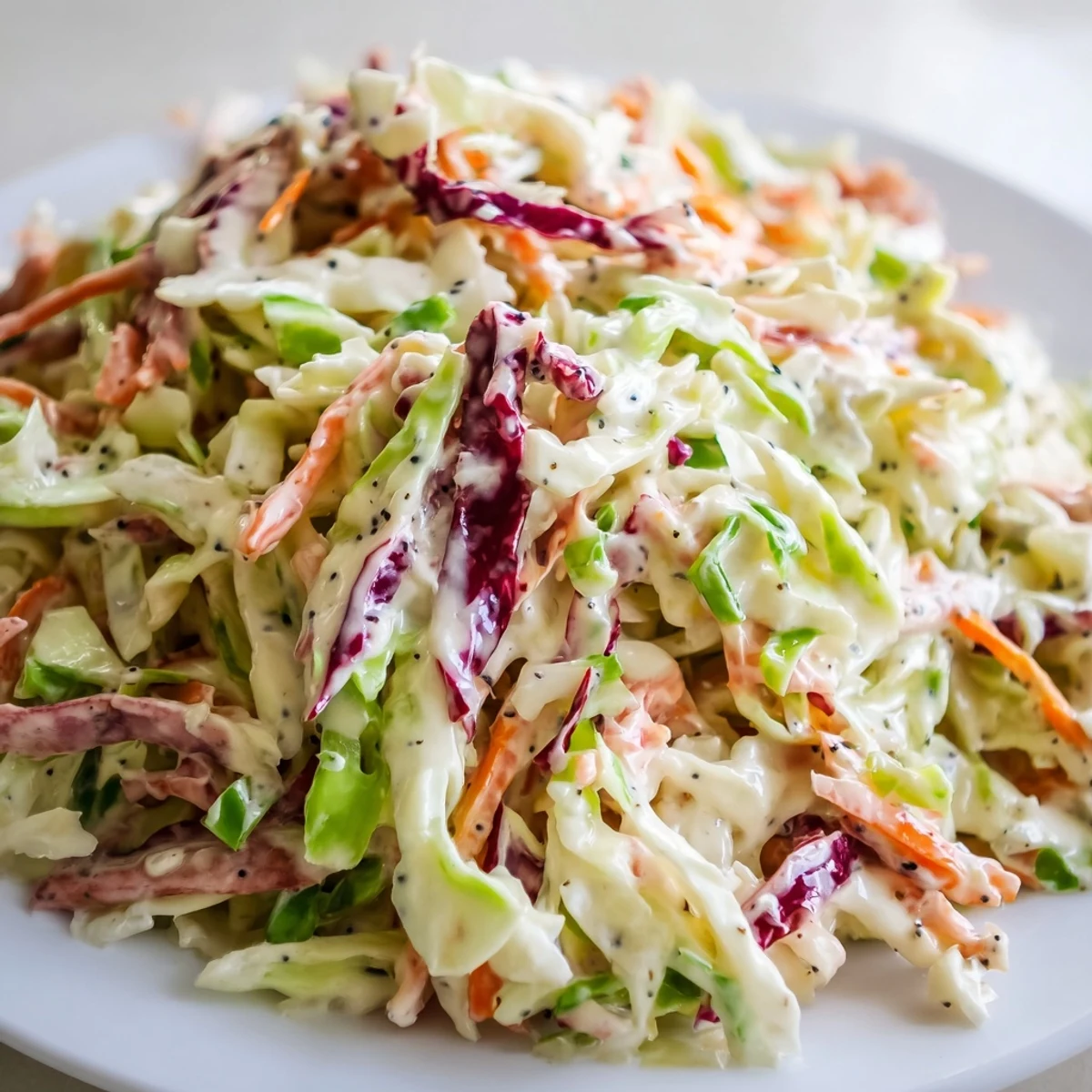 Easy Creamy Coleslaw with Carrots in a white bowl, featuring crisp green and red cabbage shreds.
