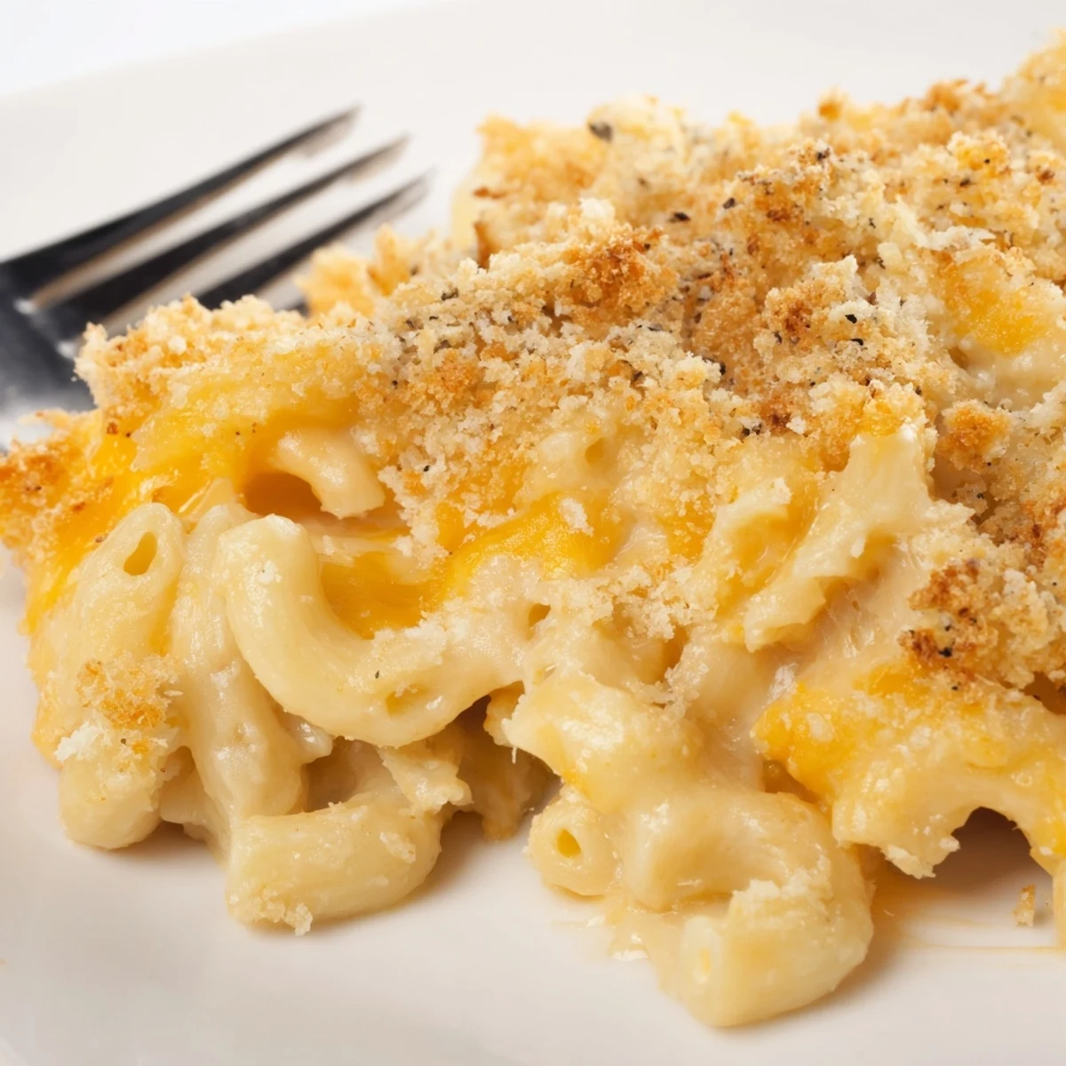 Freshly baked Baked Macaroni and Cheese with Cheddar bubbling in a dish with crispy golden panko and Parmesan topping.