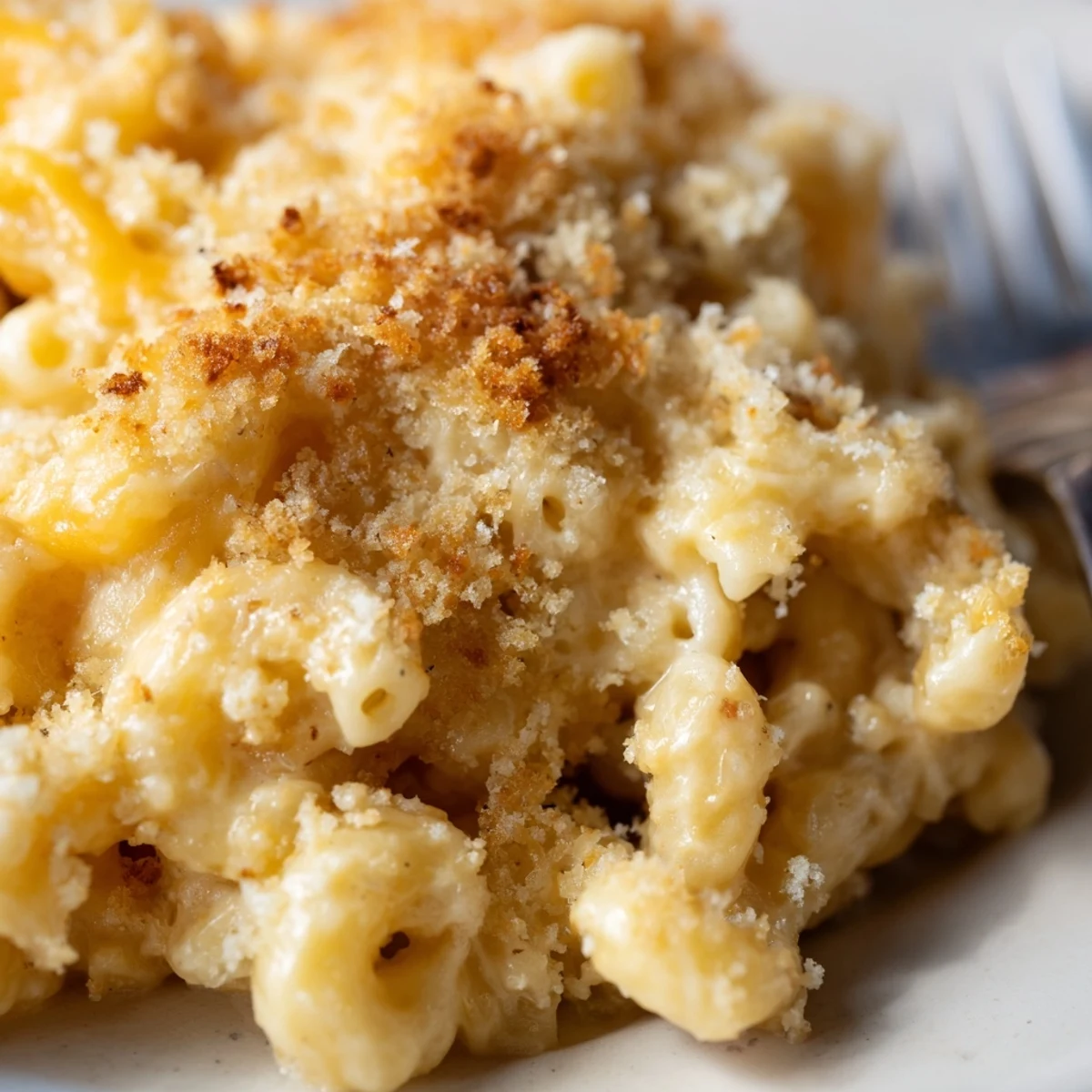Golden brown Baked Macaroni and Cheese with Cheddar served in a white casserole dish alongside a crisp green salad.