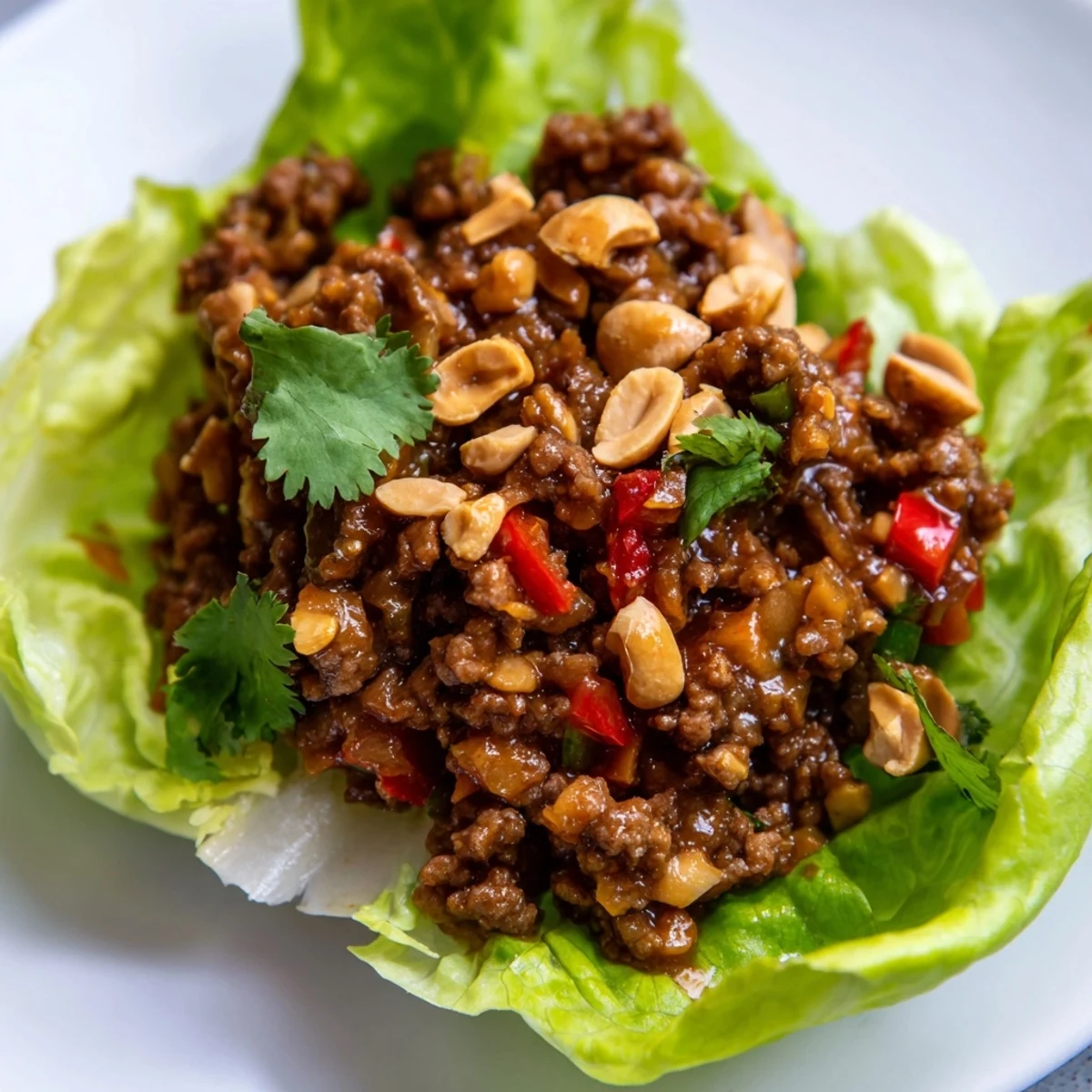 Easy Asian-inspired beef lettuce wraps drizzled with a sweet and spicy hoisin sauce, served family-style for a light appetizer.