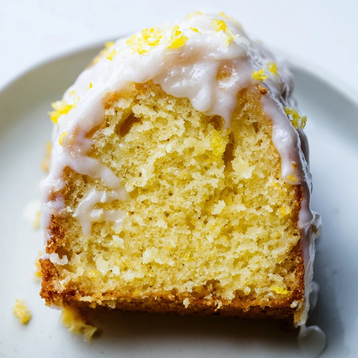 Freshly baked Lemon Loaf Cake with icing, cut into thick slices and served on a white ceramic plate.