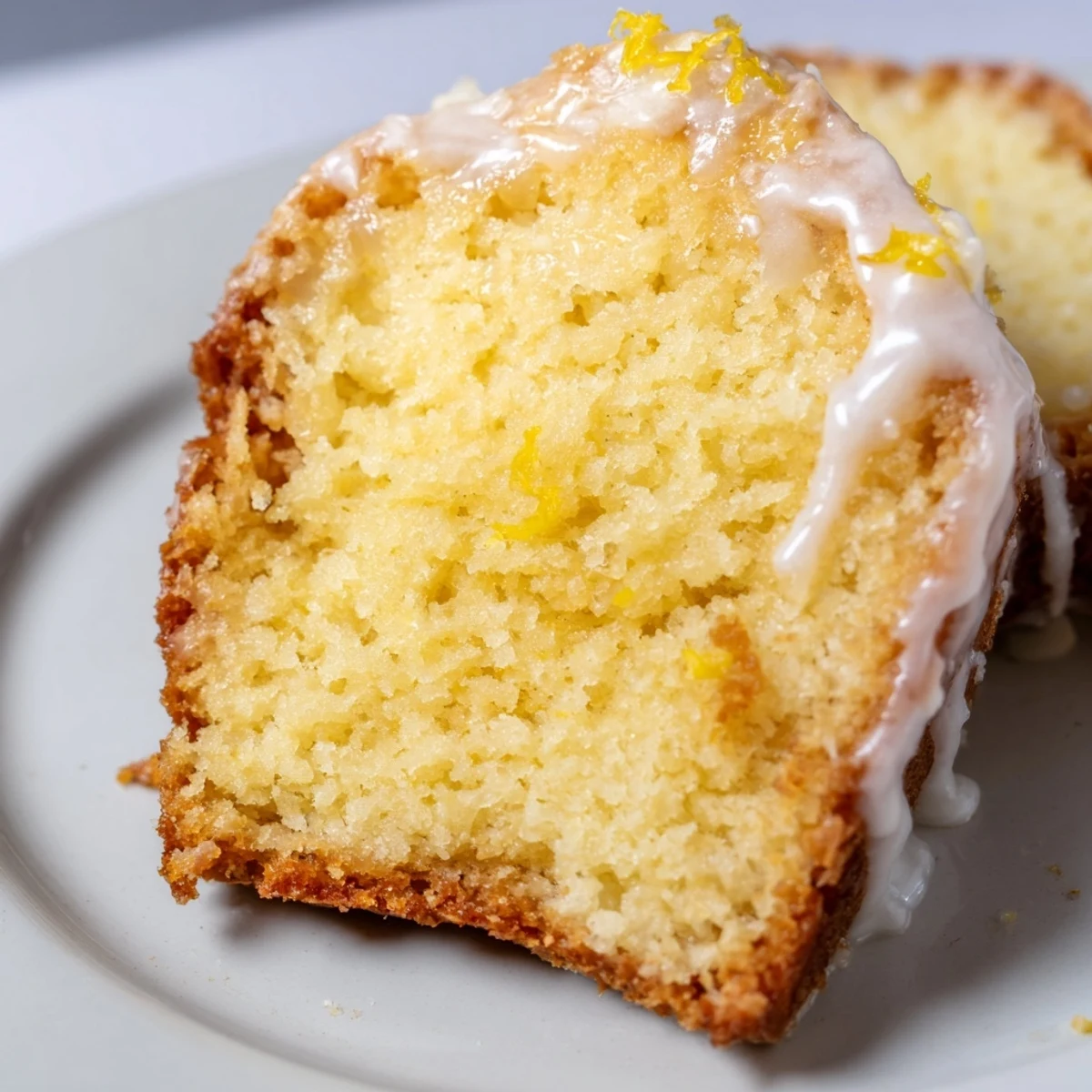 Golden-brown Lemon Loaf Cake with a generous drizzle of zesty icing on a marble countertop.
