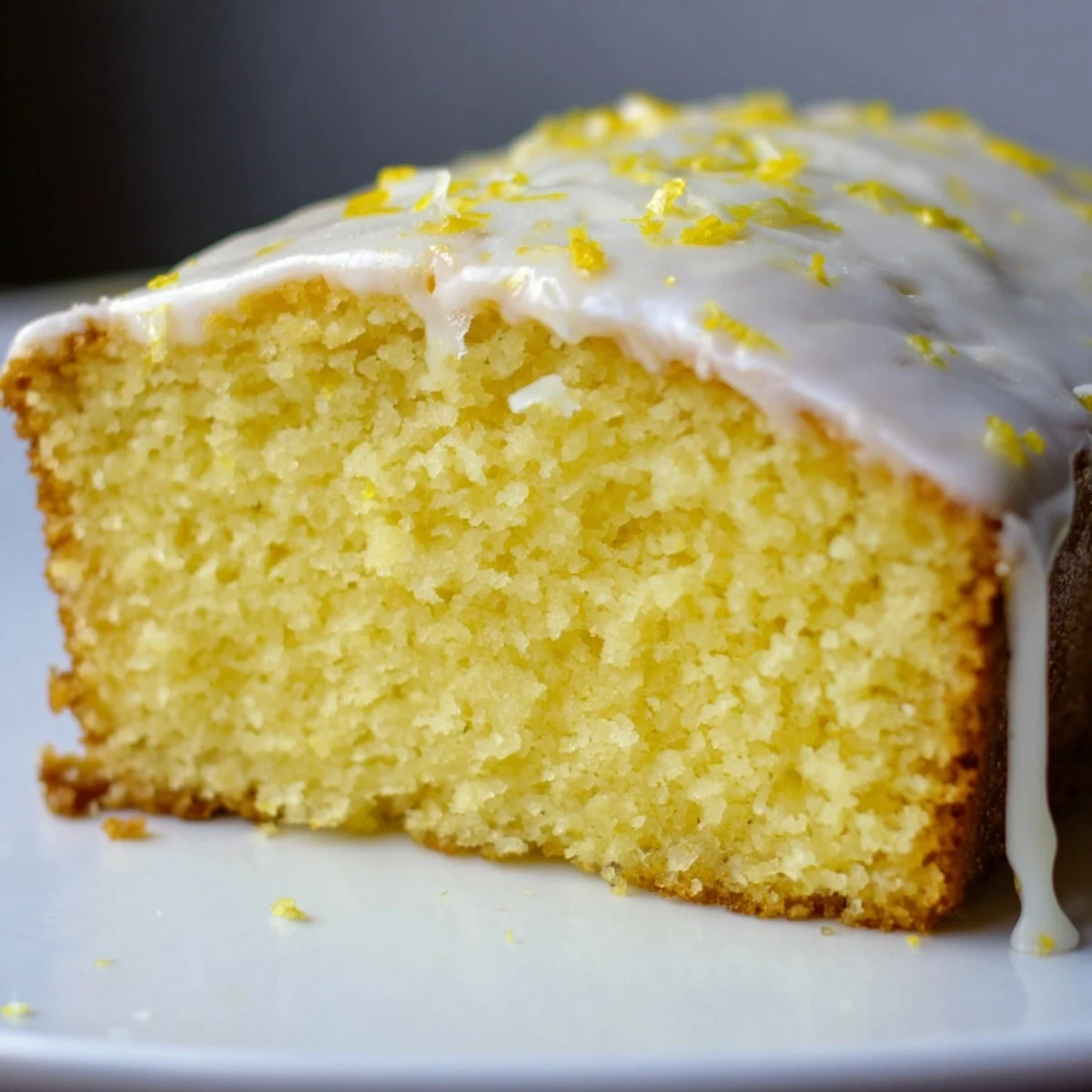 A moist Lemon Loaf Cake with smooth icing, paired with a hot cup of tea for an afternoon treat.