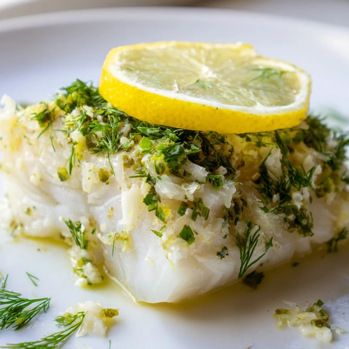 Golden Baked Haddock with Lemon and Herbs fillets flake easily, garnished with fresh parsley and lemon slices on a white plate.