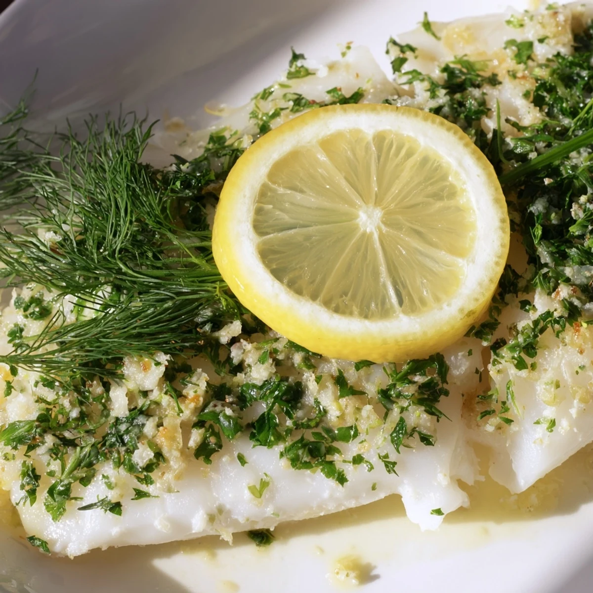 Fresh Baked Haddock with Lemon and Herbs fillets on a ceramic plate, garnished with lemon rounds and chopped parsley, paired with roasted potatoes.