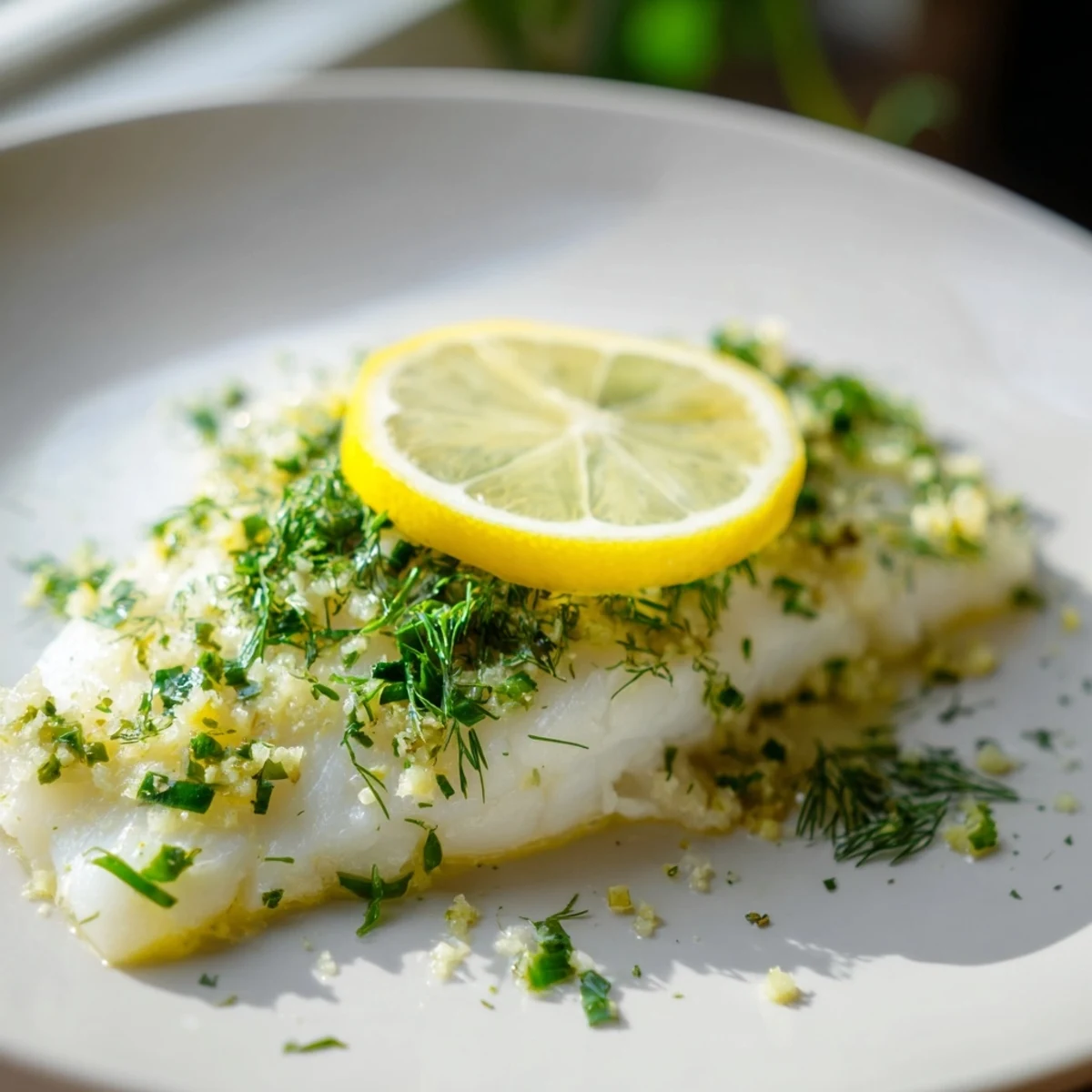 Tender Baked Haddock with Lemon and Herbs baked in a glass dish with bubbling herbs, lemon, and garlic, ready to serve.