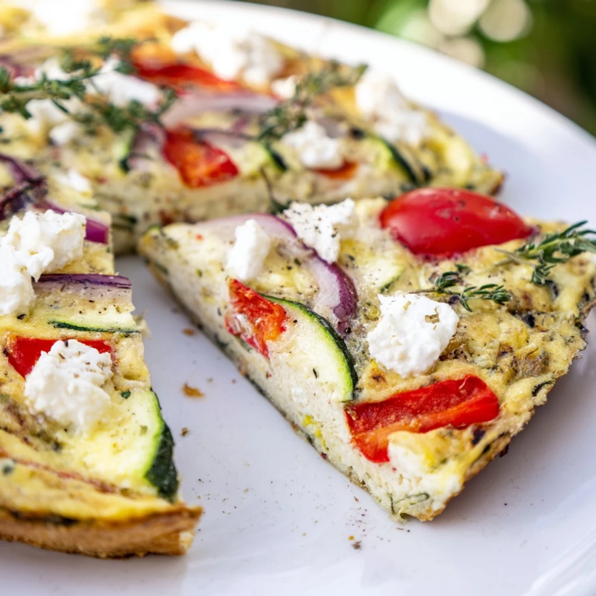 Roasted Vegetable Frittata with Goat Cheese, baked golden and set with sweet caramelized vegetables.