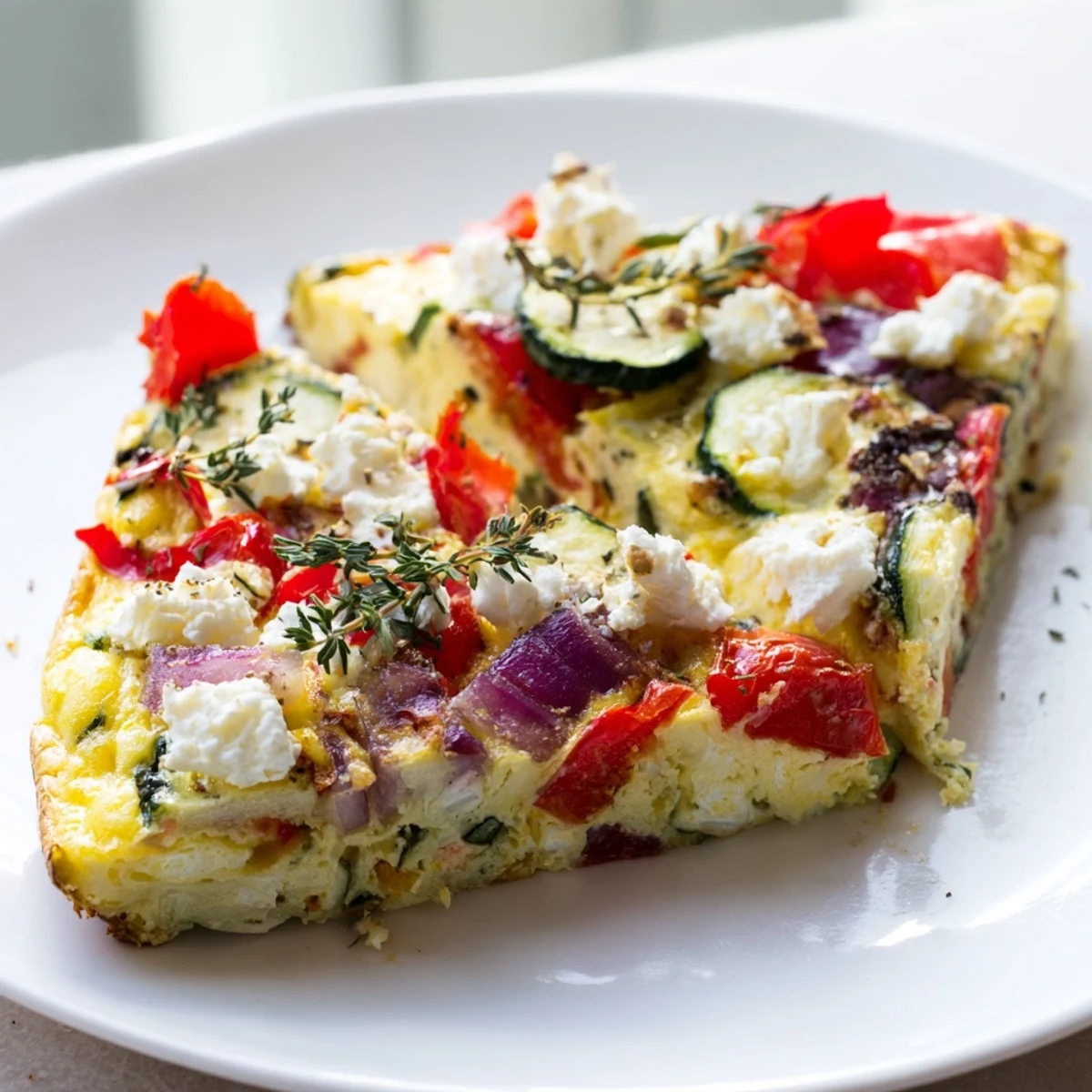Colorful roasted pepper, zucchini, and onion on a frittata with creamy crumbled goat cheese.