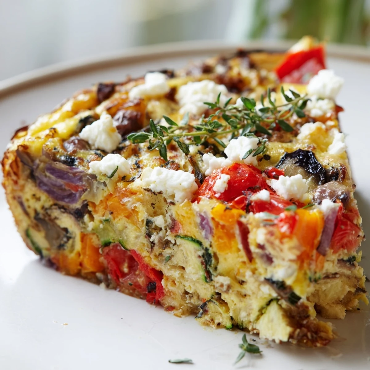 A slice of Roasted Vegetable Frittata with Goat Cheese beside a salad and crusty bread.