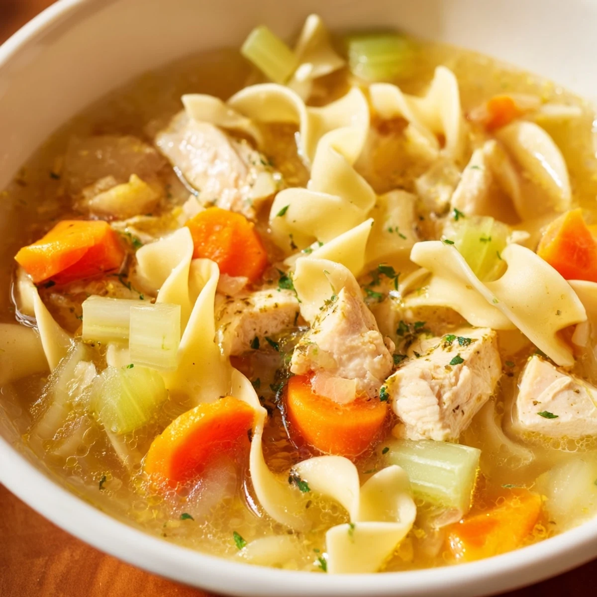 Golden-brown chicken pieces, sliced carrots, celery, and tender egg noodles swimming in a clear, savory broth, garnished with fresh parsley.