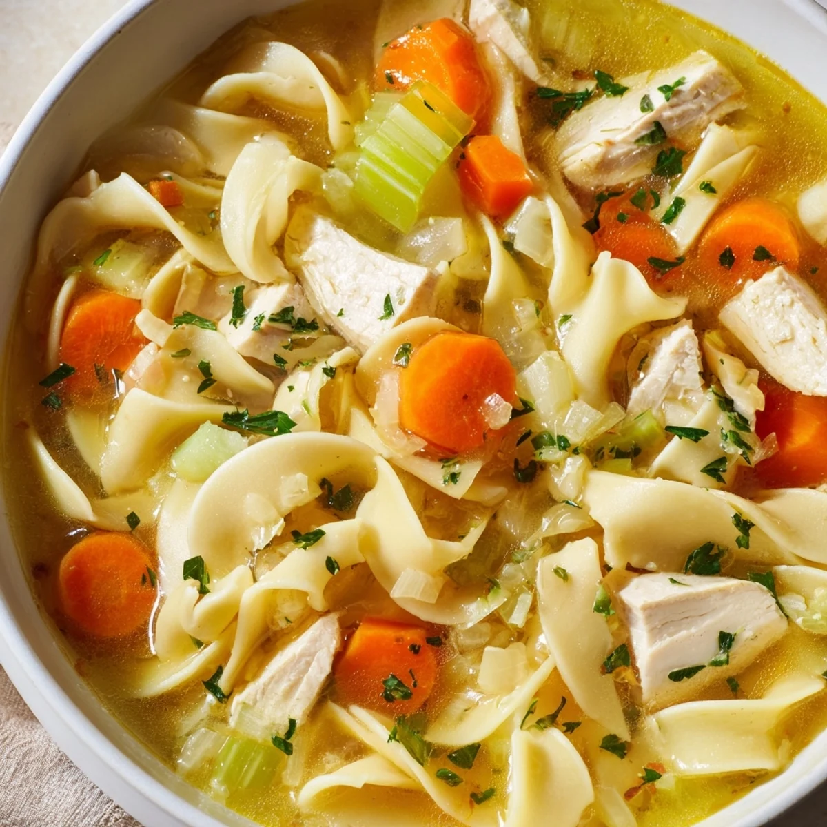 Comforting bowl of homemade Chicken Noodle Soup with Egg Noodles, rich golden broth filled with chunky vegetables and perfect for cold weather.