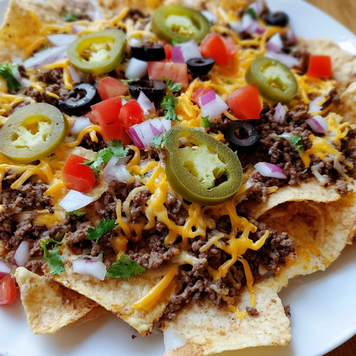 Freshly baked Beef Nachos with Jalapenos and Cheese steam on a platter, layered with seasoned beef, melted cheddar, and Monterey Jack. 