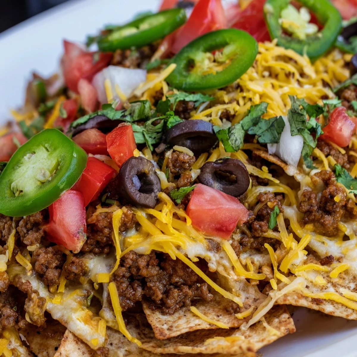 Served family-style, this Beef Nachos with Jalapenos and Cheese features bubbly melted cheese, diced tomatoes, and dollops of sour cream and guacamole.