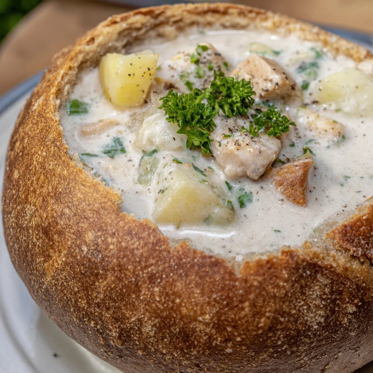Creamy Clam Chowder in Sourdough Bowl served steaming hot with fresh parsley garnish.