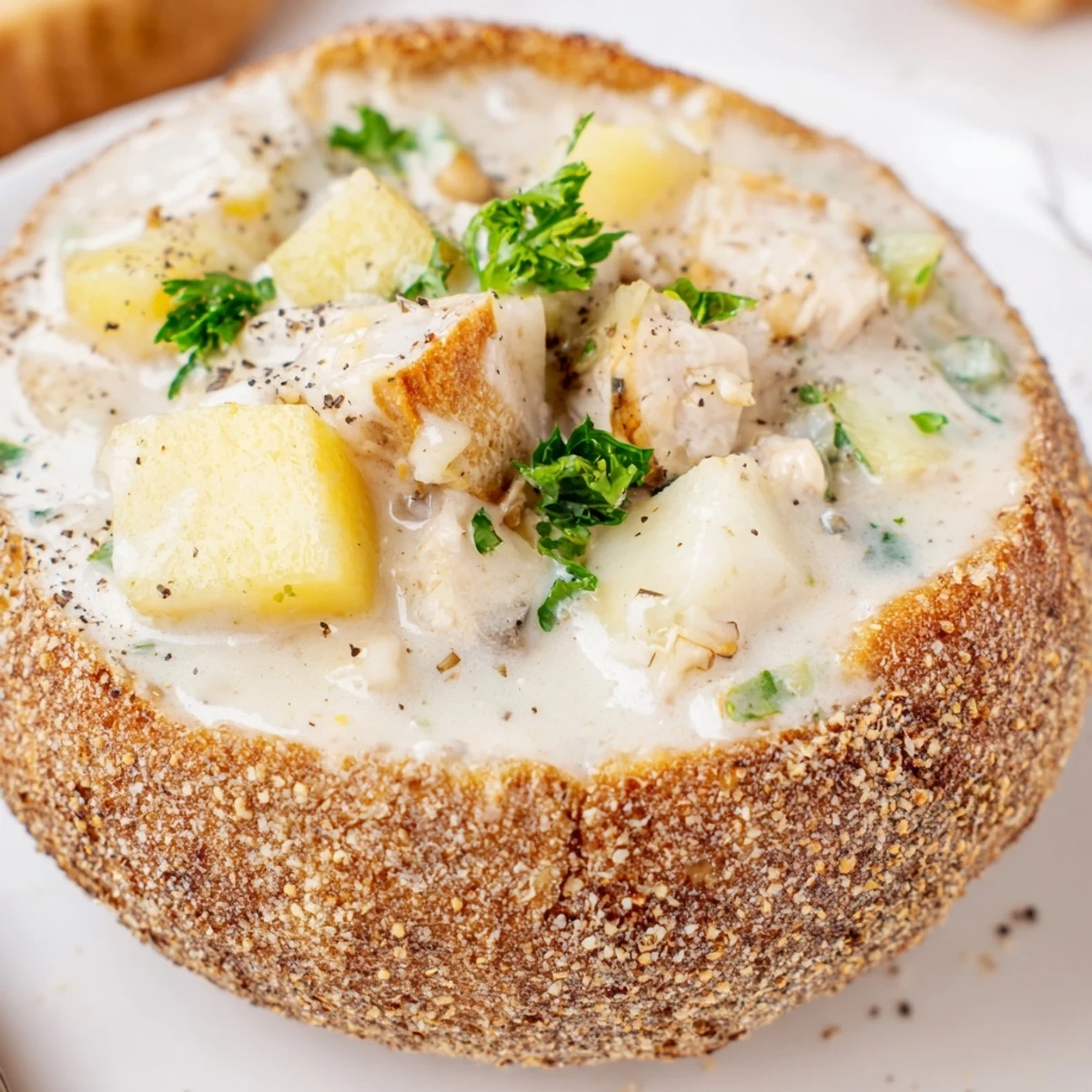 Creamy Clam Chowder in Sourdough Bowl on rustic table with cracked pepper garnish.