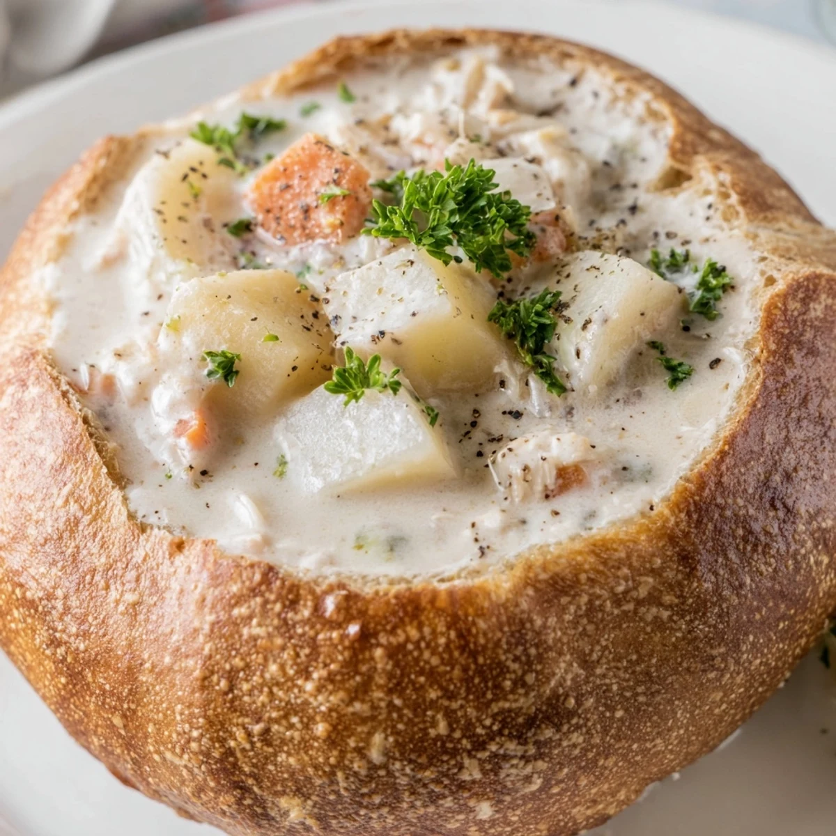Creamy Clam Chowder in Sourdough Bowl ladle overflowing with tender clams and potatoes.