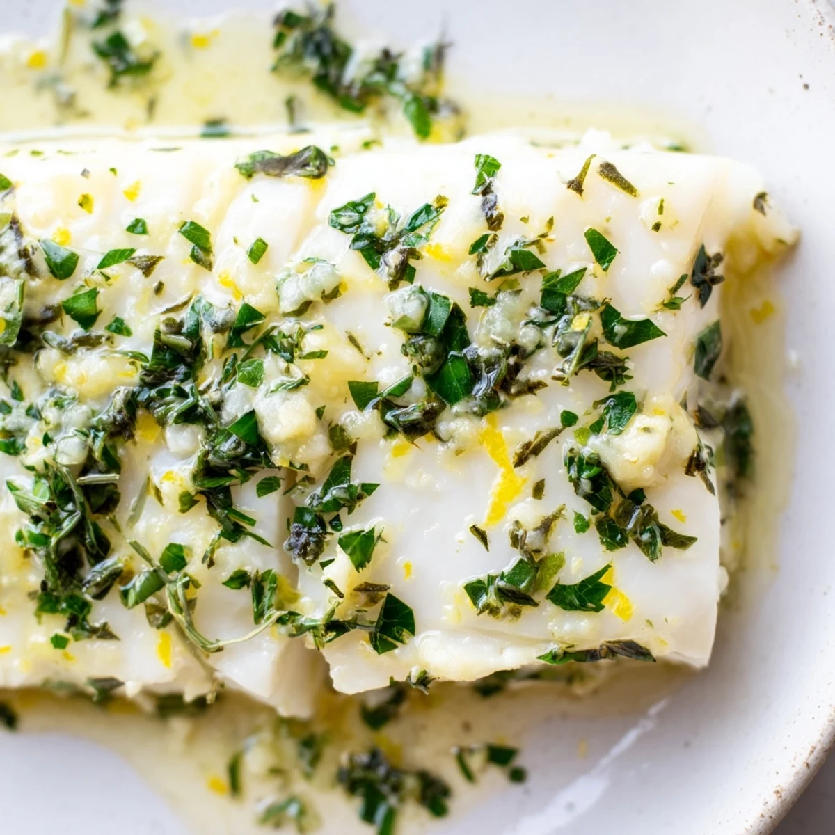 Perfectly flaky Baked Halibut with Garlic Butter is served alongside steamed green beans and fluffy white rice.