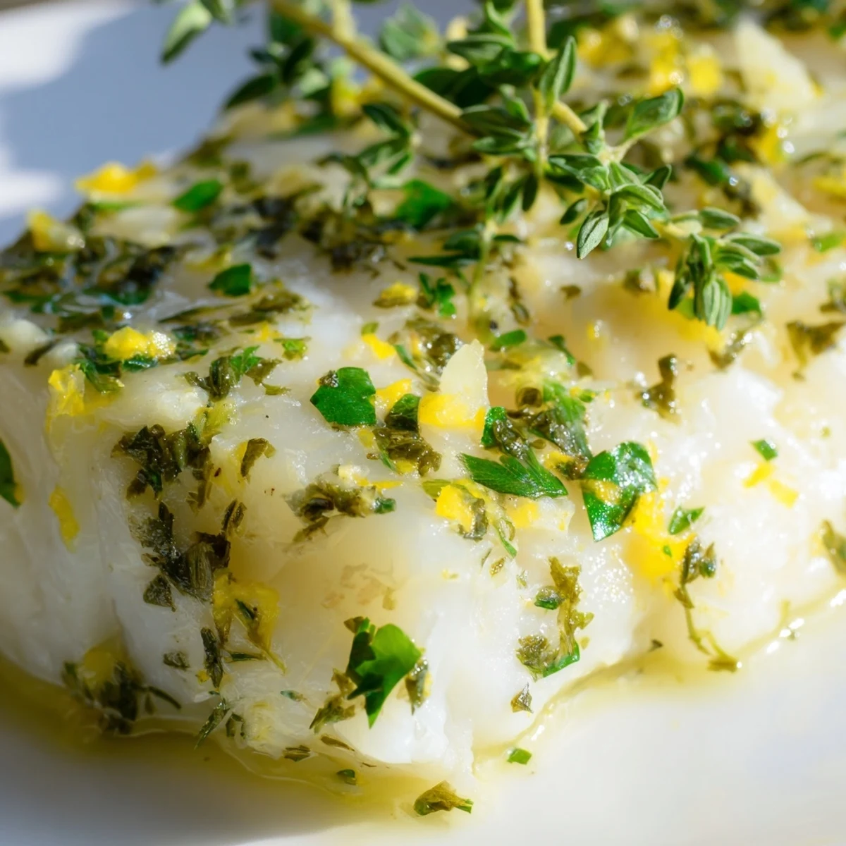 Golden-brown Baked Halibut with Garlic Butter sits in a baking dish, topped with fresh parsley and lemon wedges.