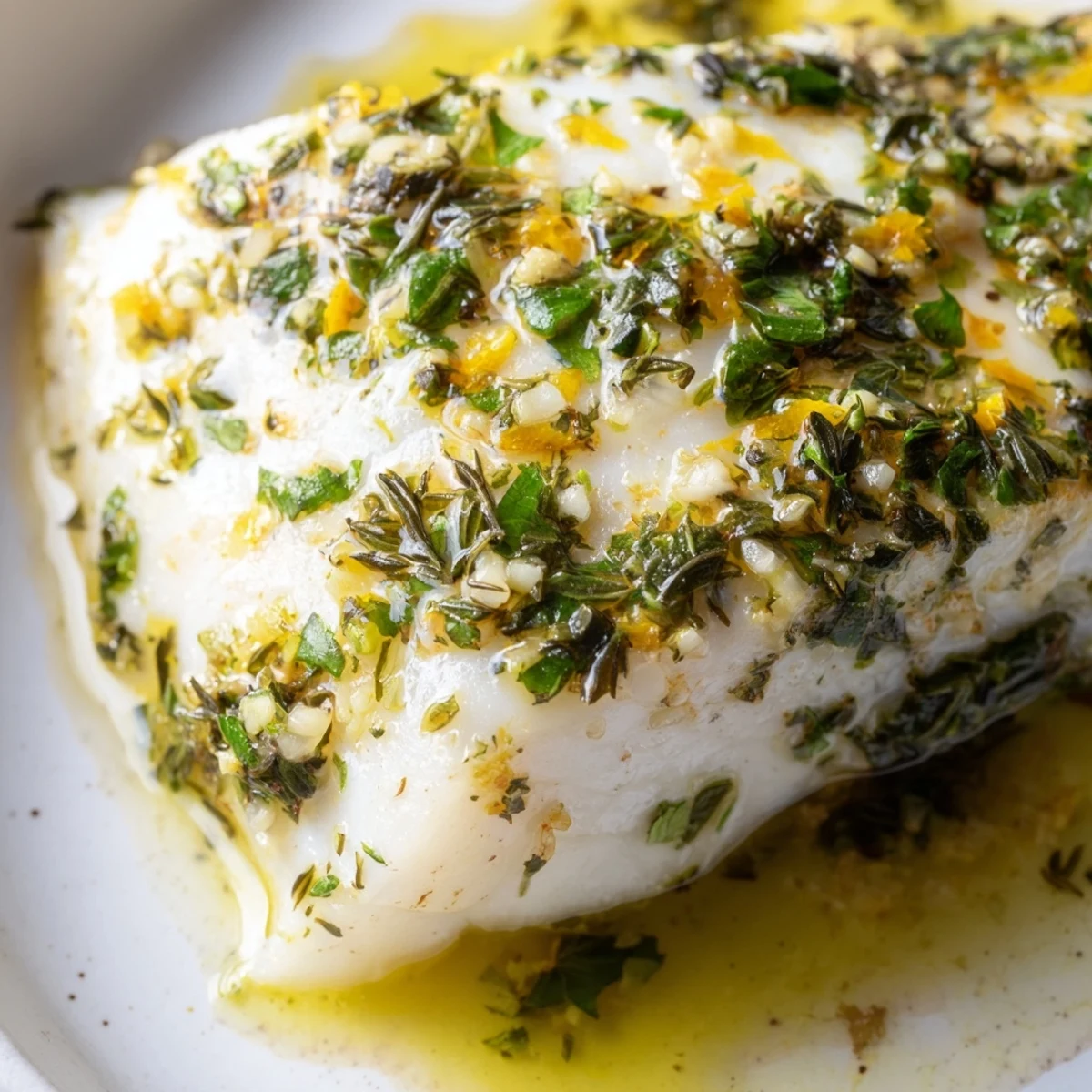 Melted garlic butter sauce pools around tender Baked Halibut with Garlic Butter in a white ceramic dish.