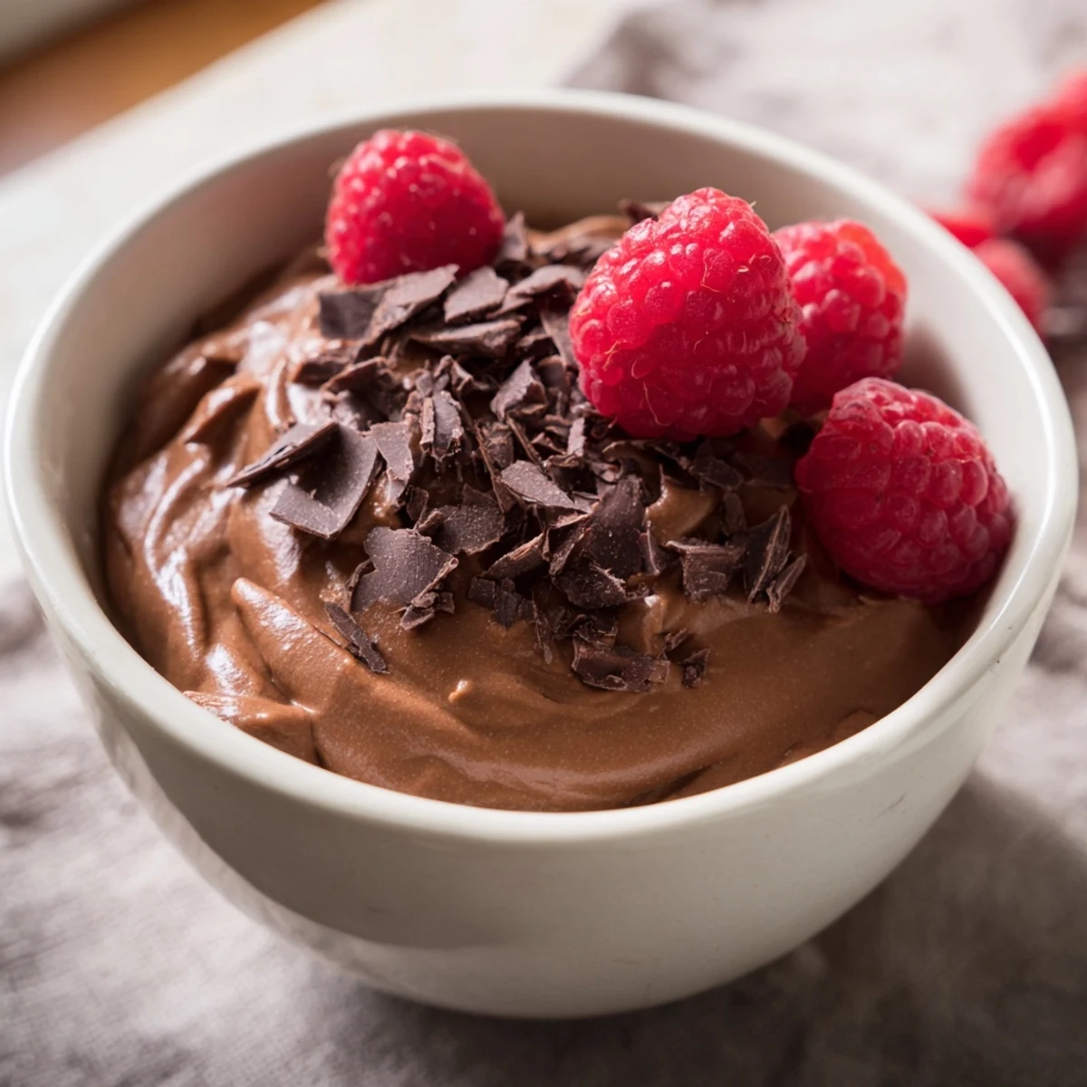 Velvety chocolate avocado mousse layered with coconut cream and shaved dark chocolate.