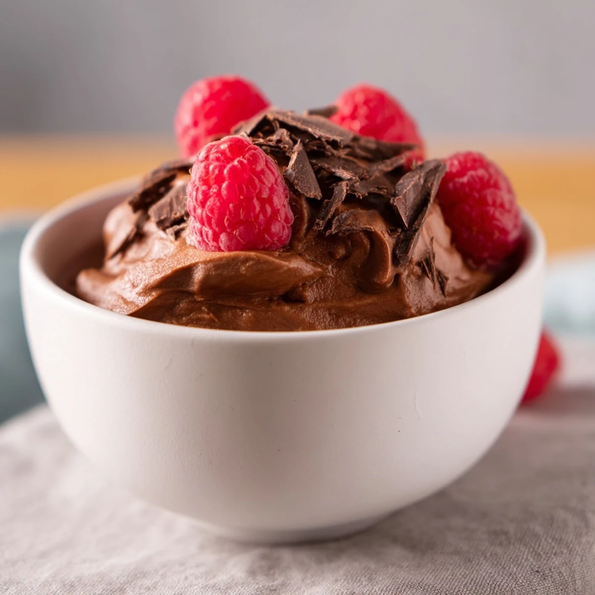 Healthy chocolate avocado mousse in a white bowl with fresh berries.