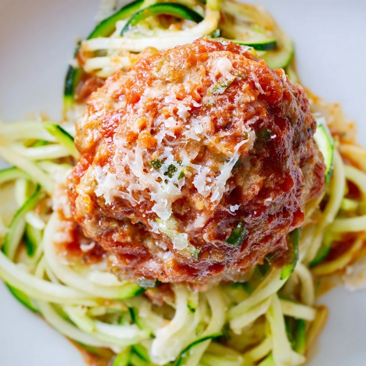Golden-brown turkey meatballs simmer in a rich tomato sauce, served atop fresh zucchini noodles for a low-carb dinner.