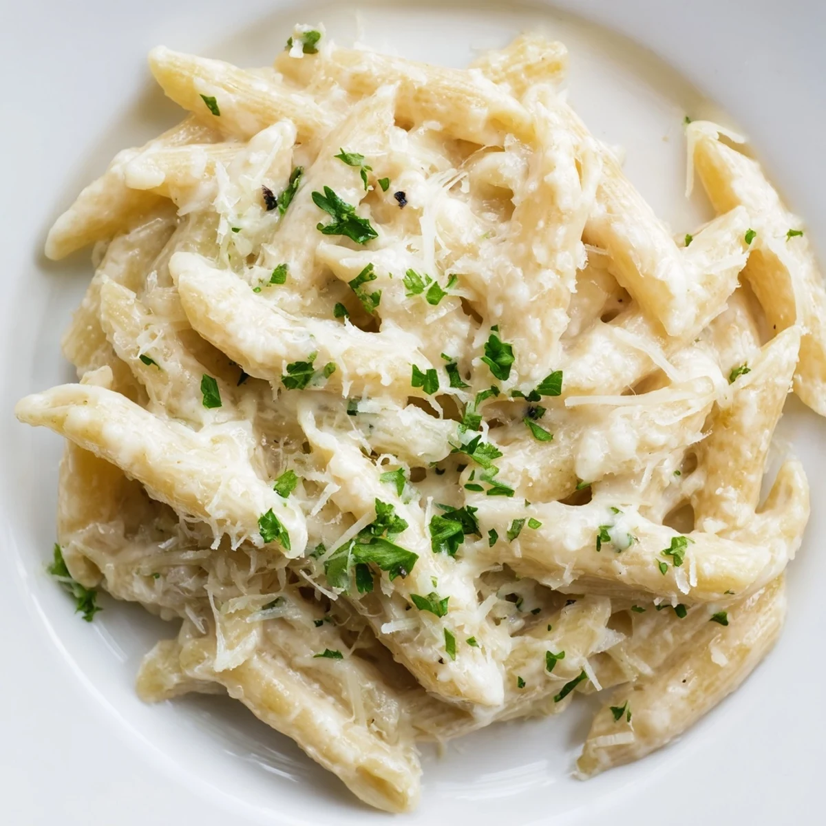 Creamy Dinner Pasta twirled on a fork with steam rising from a rich Parmesan garlic sauce served in a white bowl.