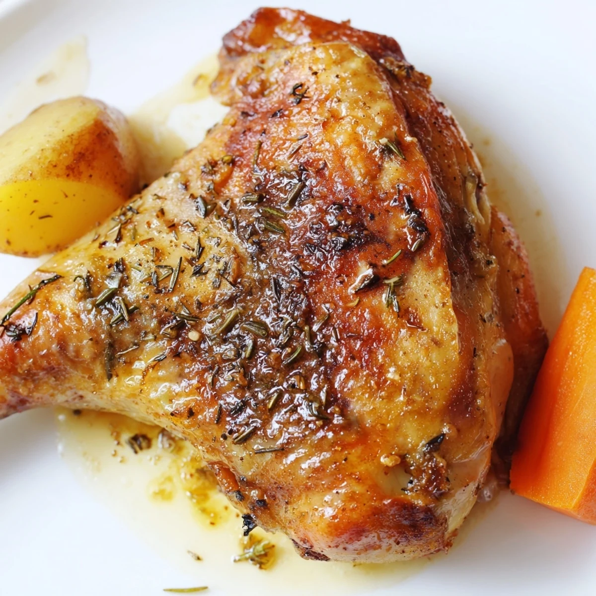 Golden-brown roast chicken dinner with tender vegetables and lemon, served family-style on a rustic platter.