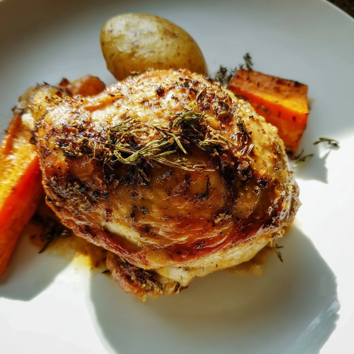 Gluten-free chicken dinner roast with aromatic rosemary, thyme, and pan juices over roasted vegetables.
