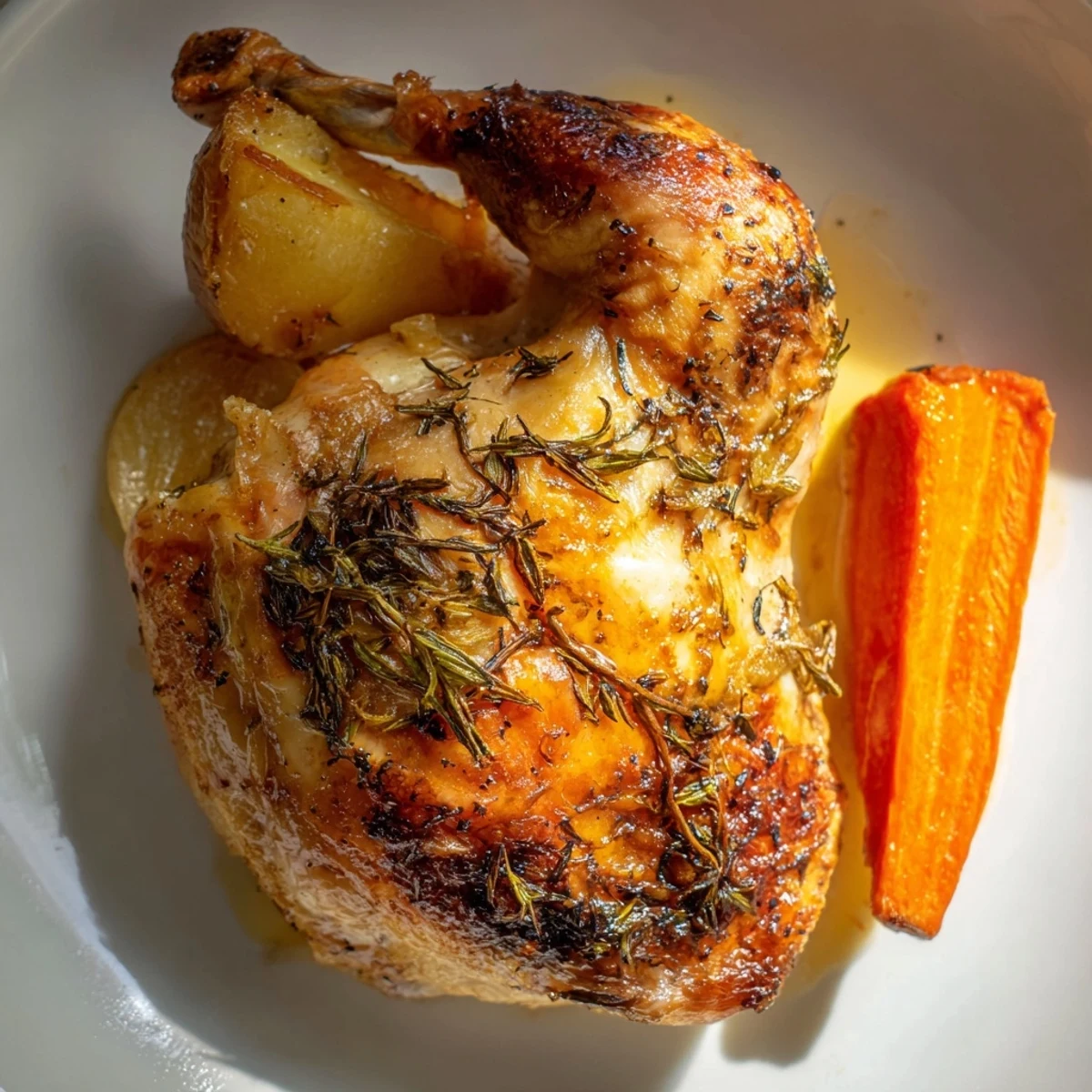 Juicy whole roast chicken with crispy skin and herb-roasted potatoes, carrots, and onions for dinner.
