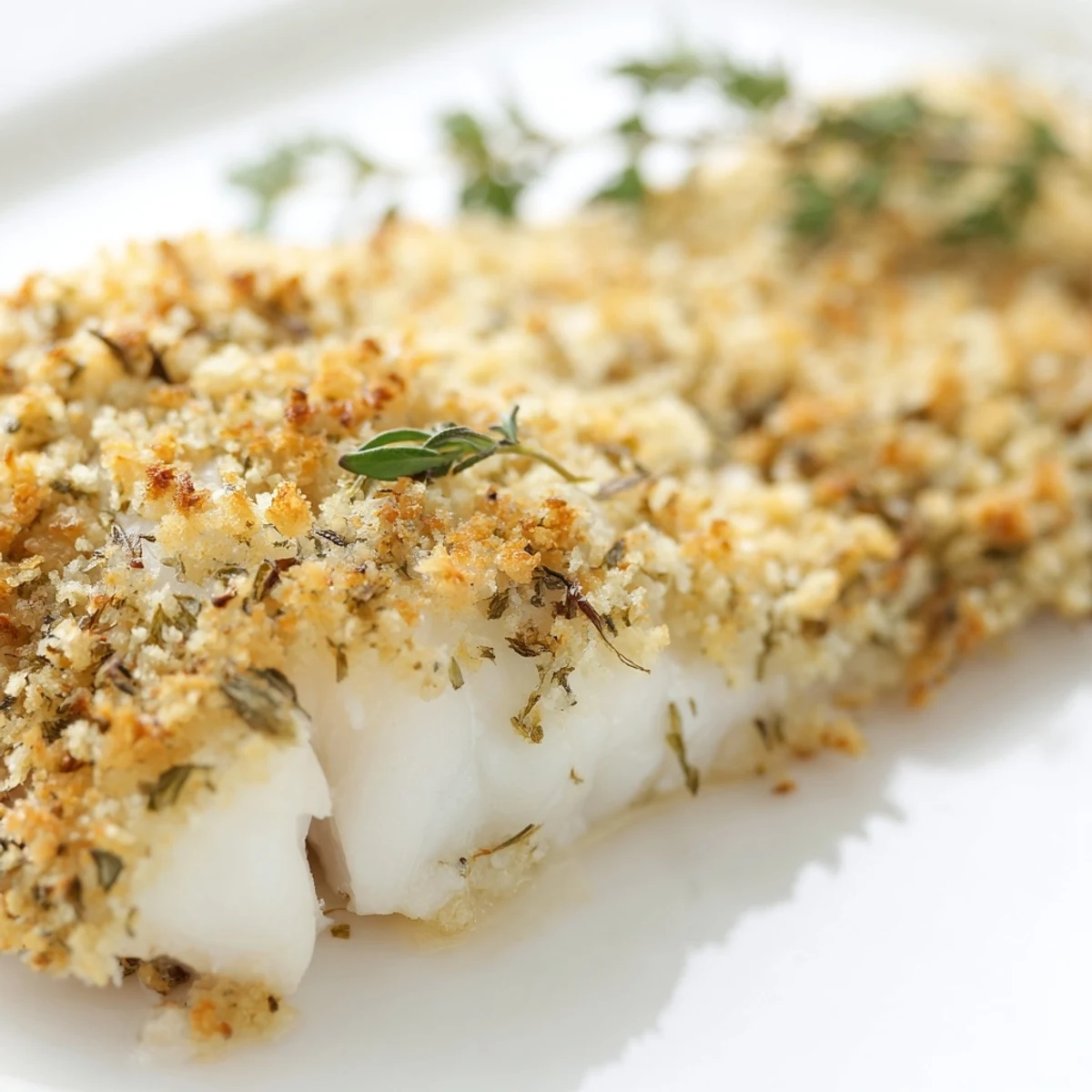 Golden-brown Baked Cod Fillet Dinner with lemon-herb crust on roasted vegetables, served fresh from the oven.