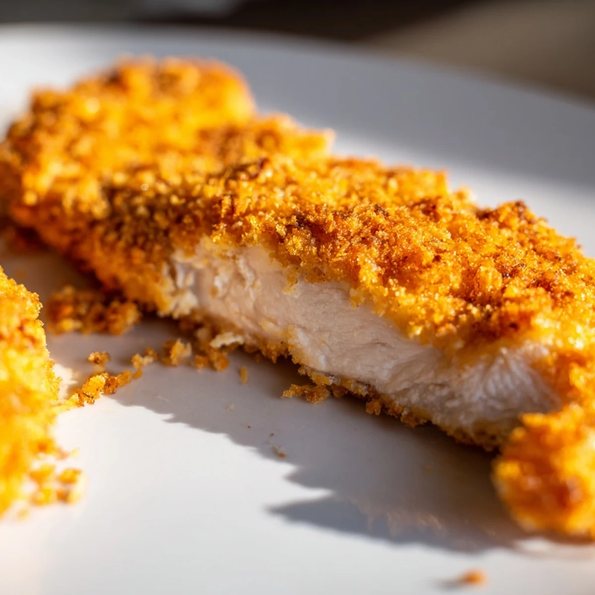 Freshly fried Crispy Dinner Chicken breast with a golden, crunchy coating and steam rising.