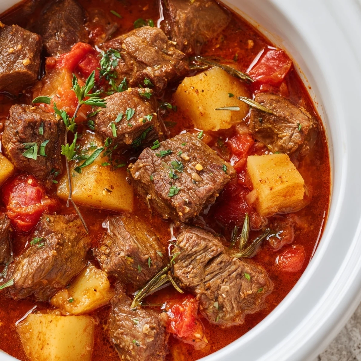Slow Cooker Dinner Pot with tender beef and root vegetables steaming in a rich savory broth.