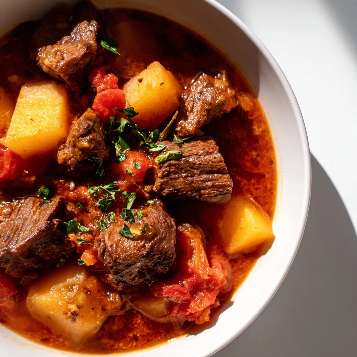 A hearty Slow Cooker Dinner Pot with beef and potatoes served in a cozy bowl, garnished with fresh parsley.
