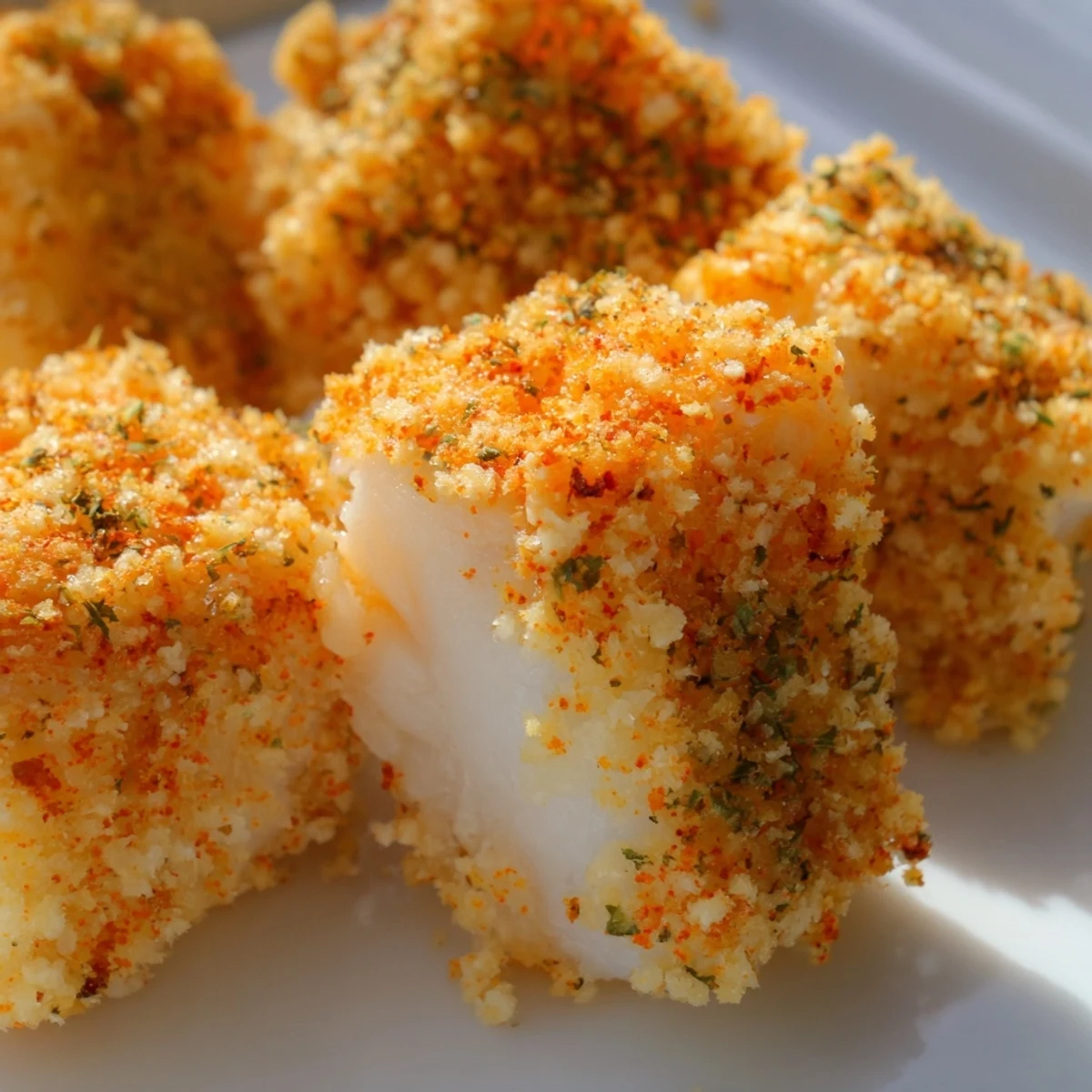 Golden-brown Baked Fish Appetizer Bites with a crispy panko crust sit on a platter beside fresh lemon wedges. 