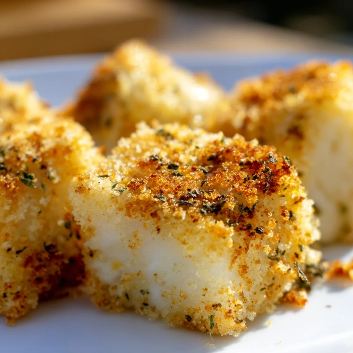 Crispy Baked Fish Appetizer Bites with Parmesan and paprika garnish served with a side of tangy dipping sauce. 