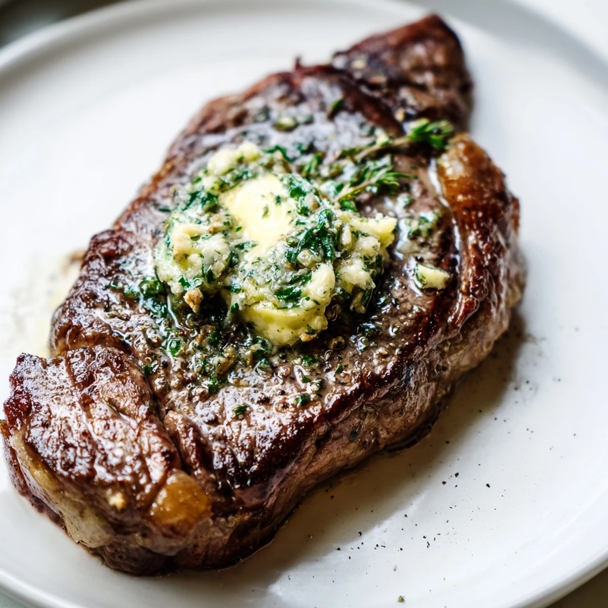 Perfectly seared ribeye steak topped with melting garlic herb butter, ready to slice for a juicy dinner.