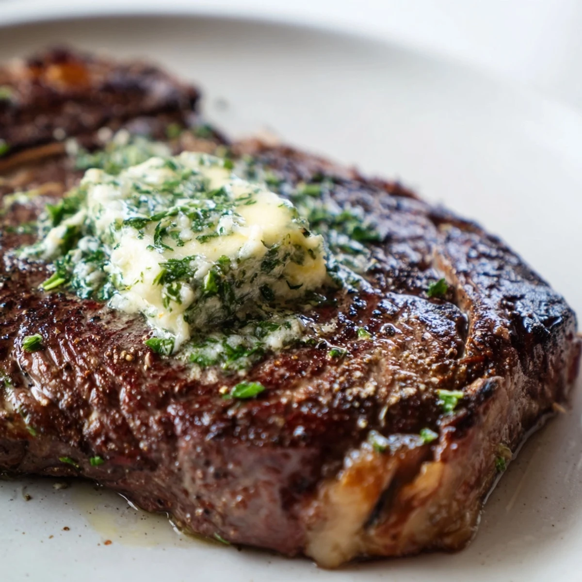 Cast iron beef dinner steak sizzling in a skillet with fresh parsley and thyme, plated with mashed potatoes.
