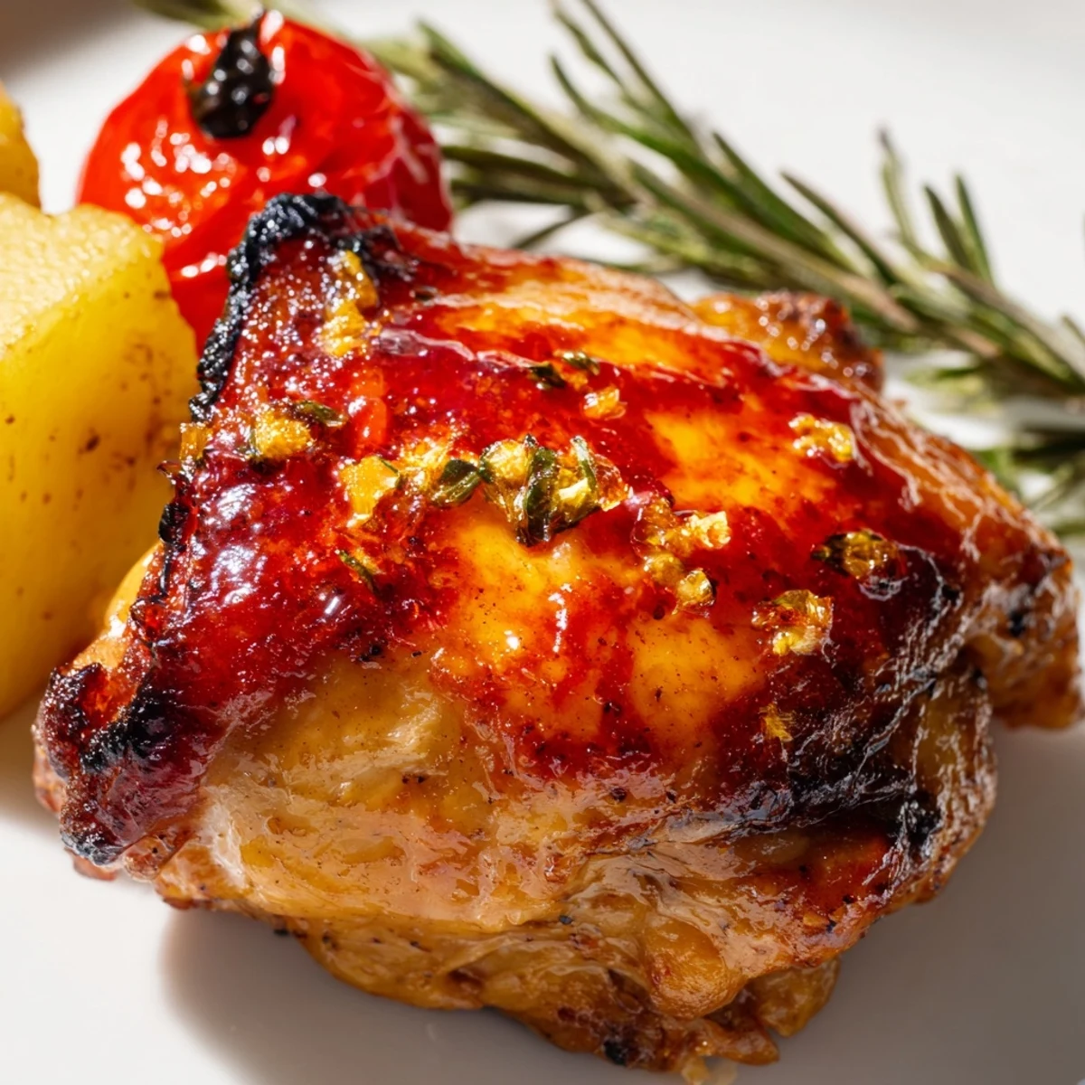 Golden-brown roasted chicken thighs with crispy skin sit atop caramelized potatoes, carrots, and red onions on this Roasted Dinner Pan.