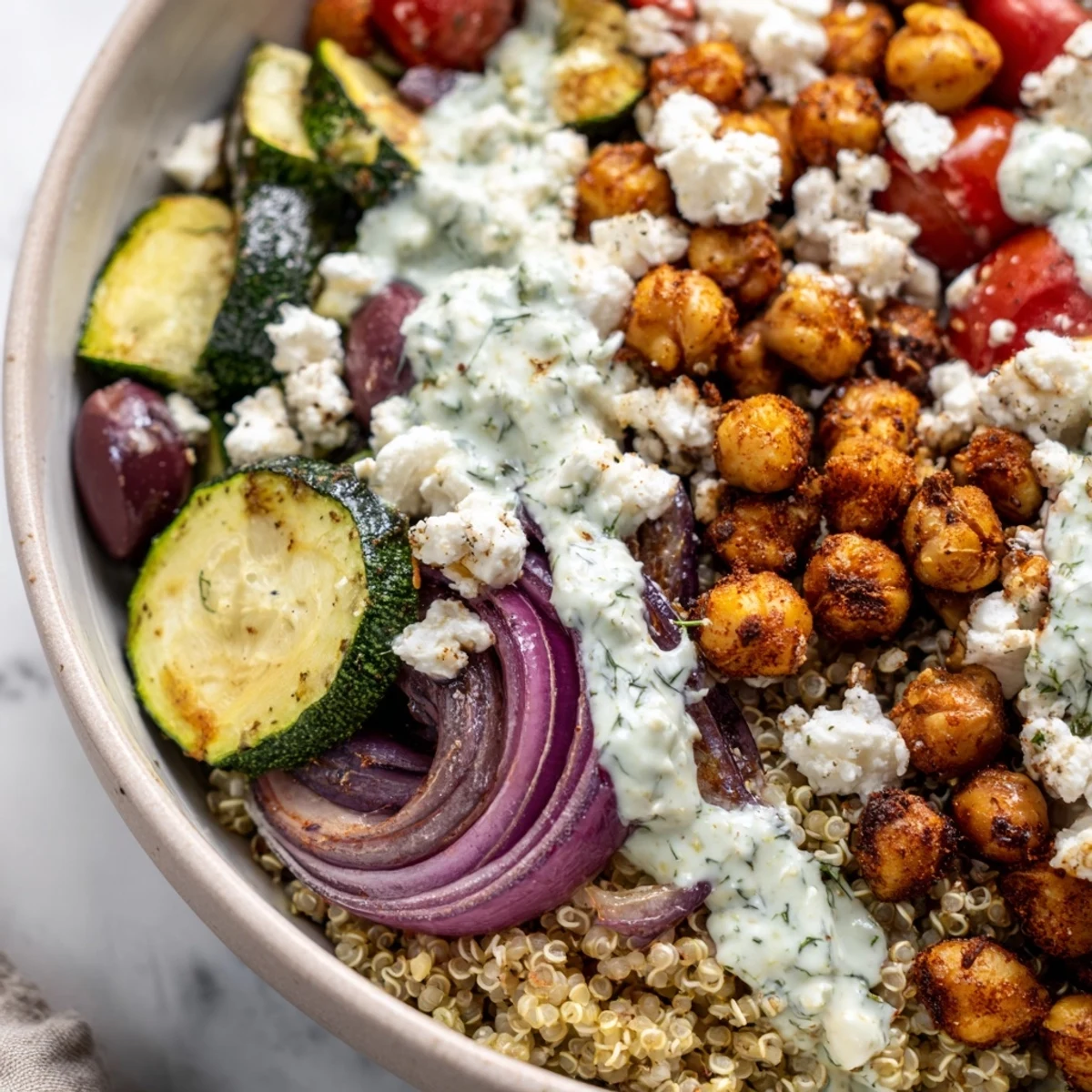 Colorful Mediterranean Dinner Bowl with roasted red bell peppers, zucchini, and chickpeas over fluffy quinoa, topped with feta and a drizzle of herb yogurt sauce.