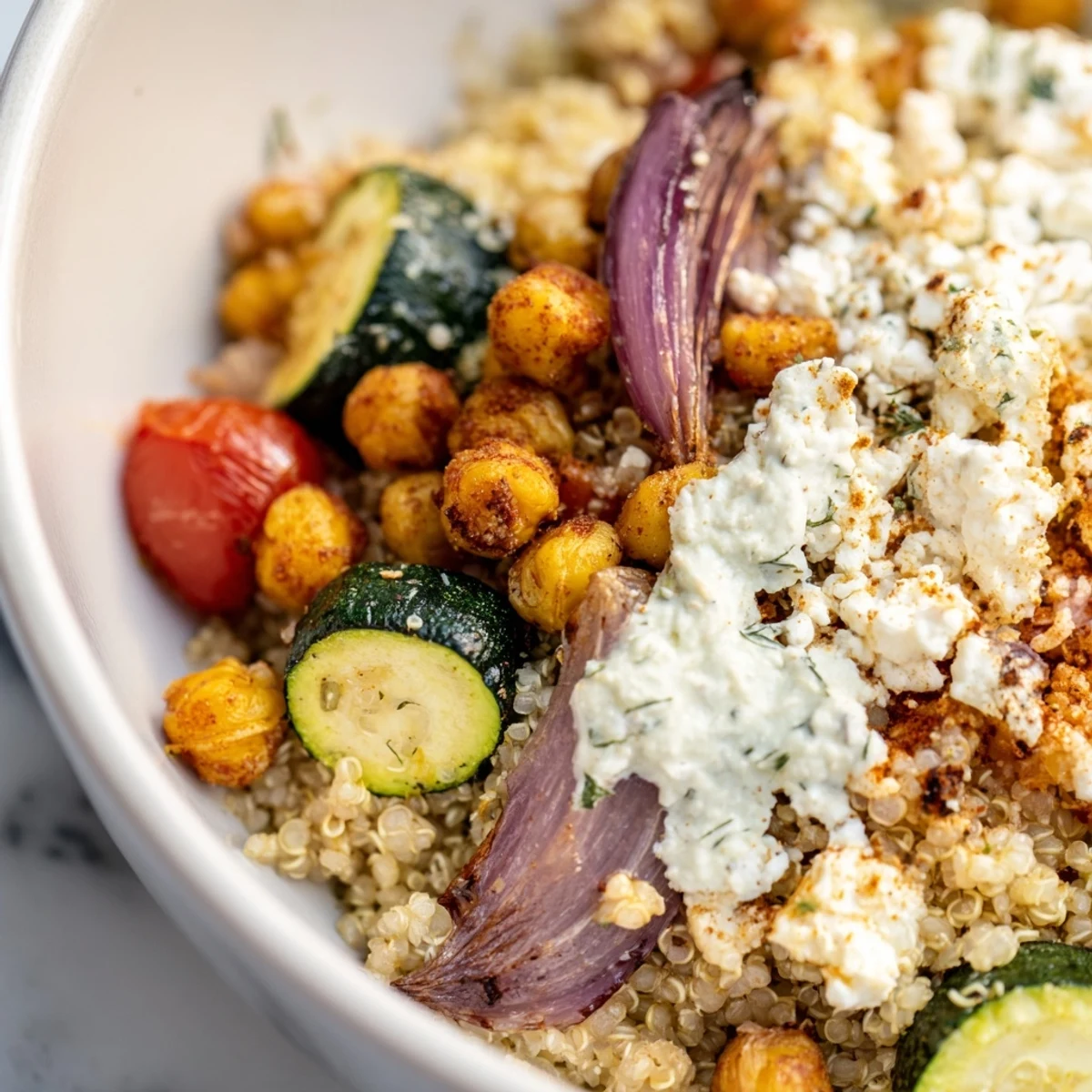 Freshly prepared Mediterranean Dinner Bowl featuring golden roasted vegetables, seasoned chickpeas, Kalamata olives, and a creamy dill yogurt dressing for an easy weeknight meal.