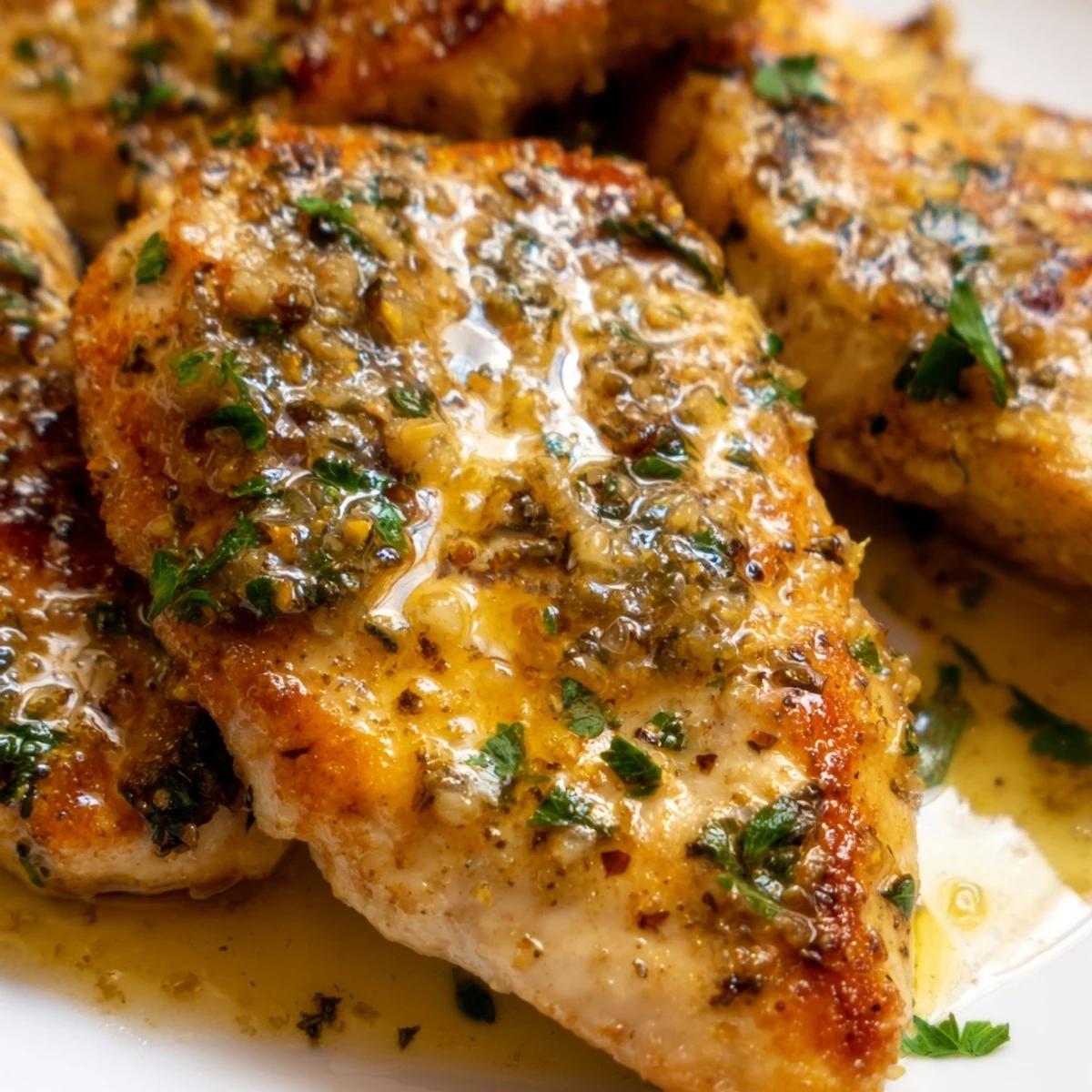 Plated Lemon Dinner Chicken with fresh parsley and lemon slices, garnished next to fluffy white rice.